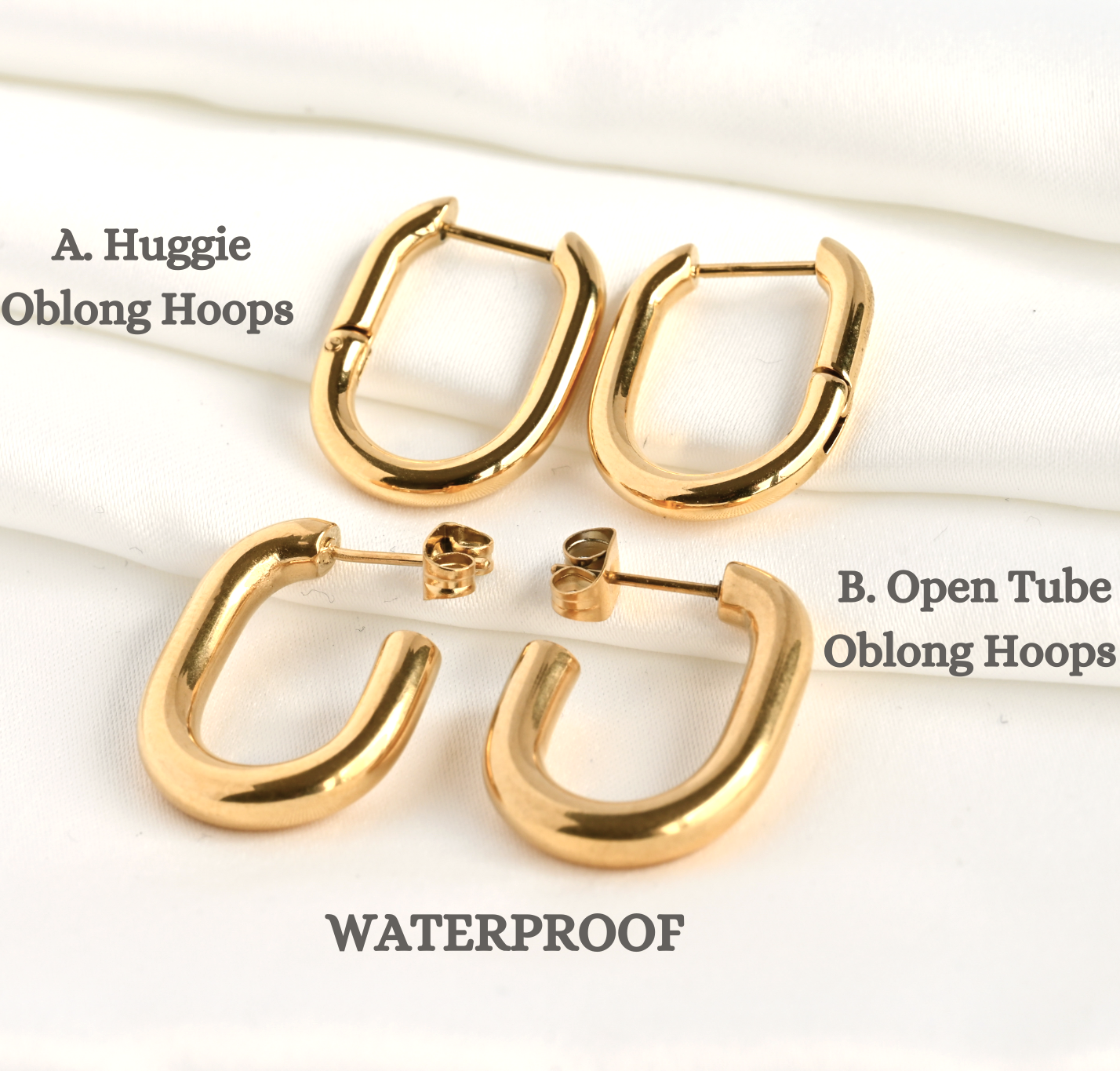Gold Open Oblong Tube Hoops - Tarnish-proof Earrings 18k plated