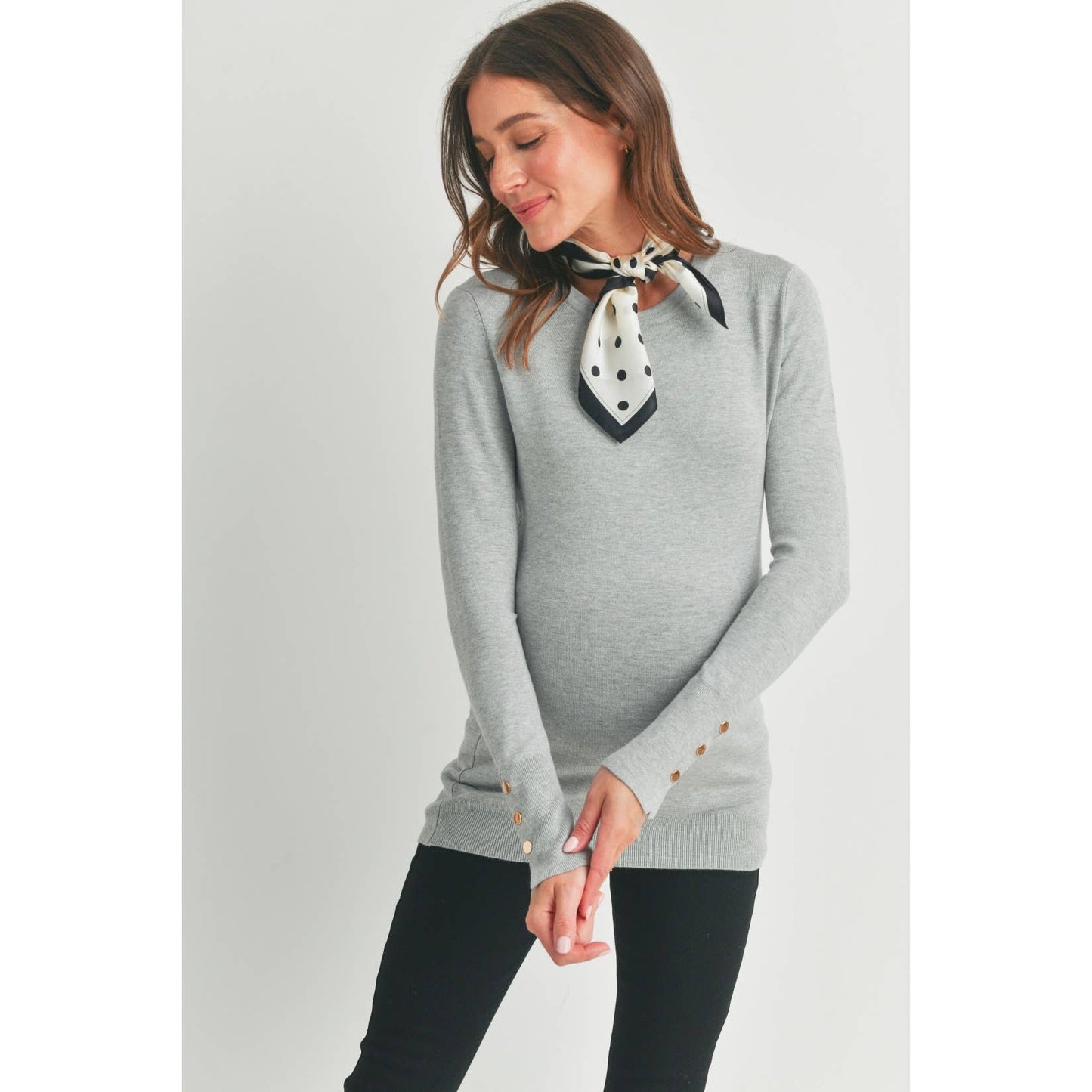Luxe Crewneck Maternity Button Sleeve Sweater