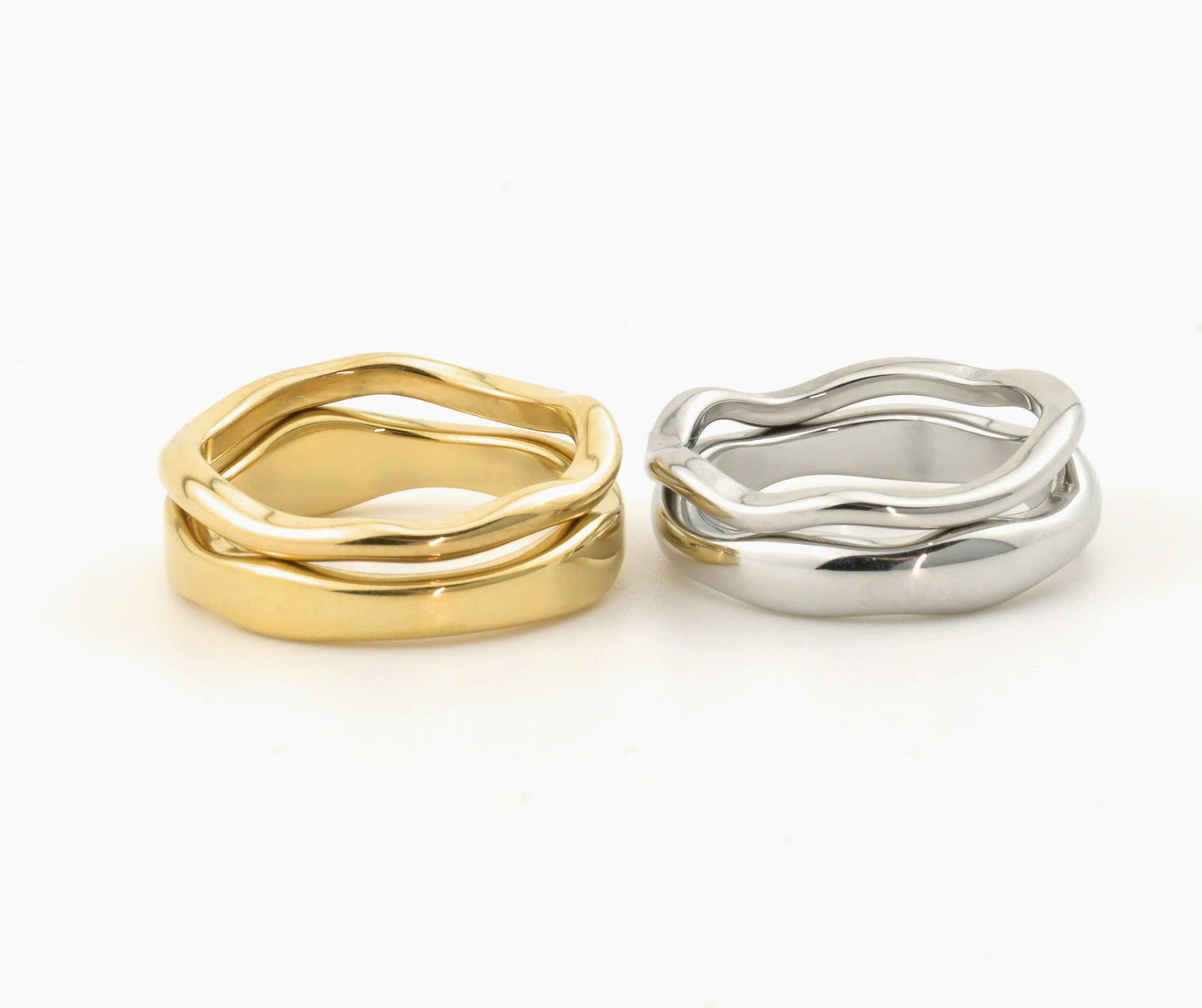 Tarnish-proof Gold Ring Set - 18k Gold Wave Rings
