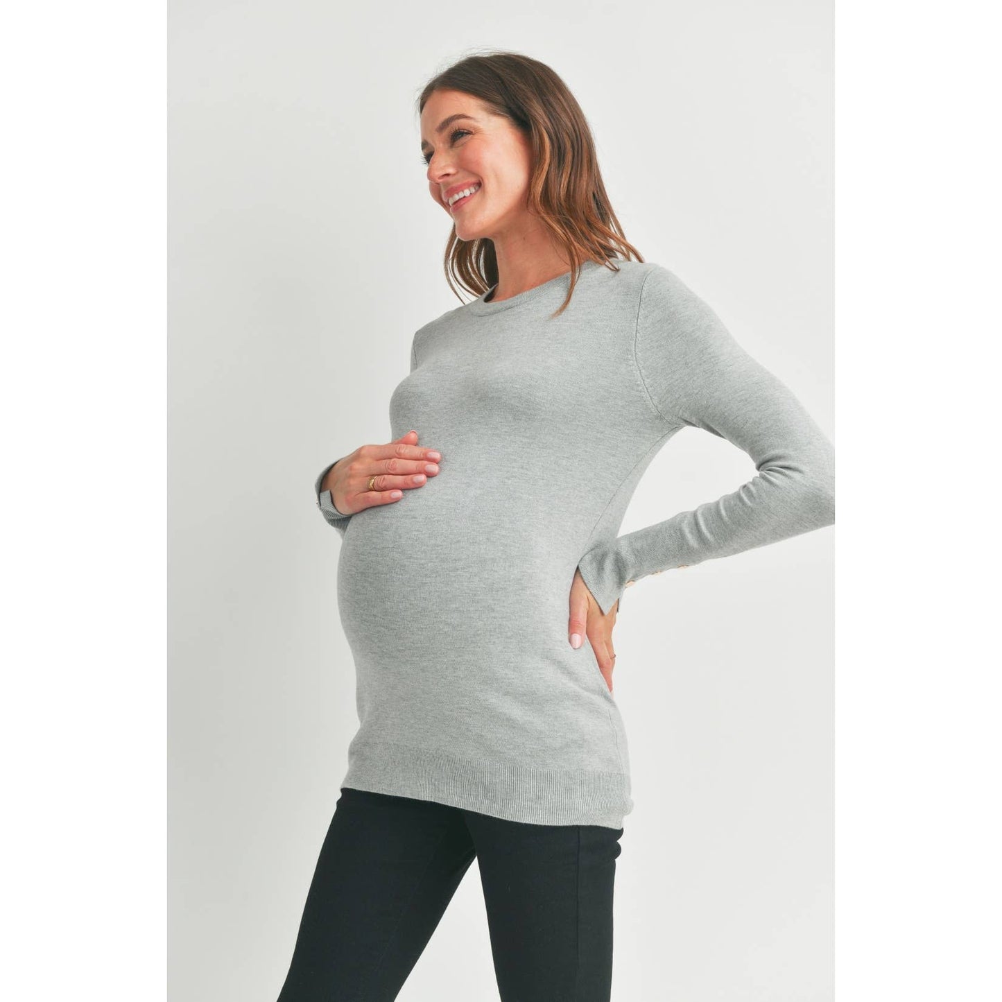 Luxe Crewneck Maternity Button Sleeve Sweater