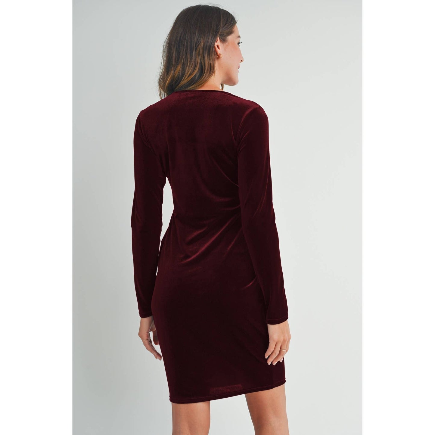 Velvet Surplice Neck Front Pleat Maternity Dress