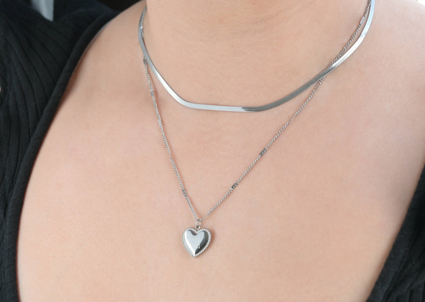 Layered Herringbone Necklace - Heart Sequin Chain Necklace