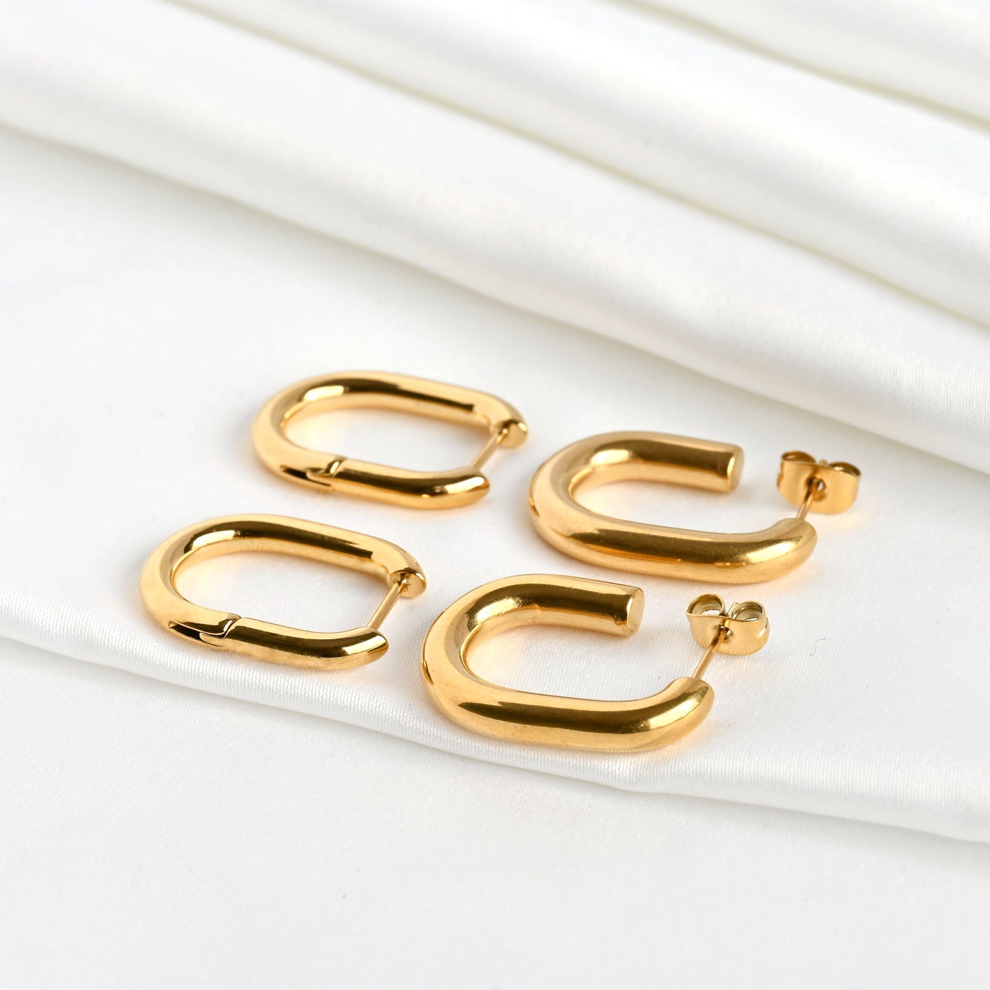 Gold Open Oblong Tube Hoops - Tarnish-proof Earrings 18k plated