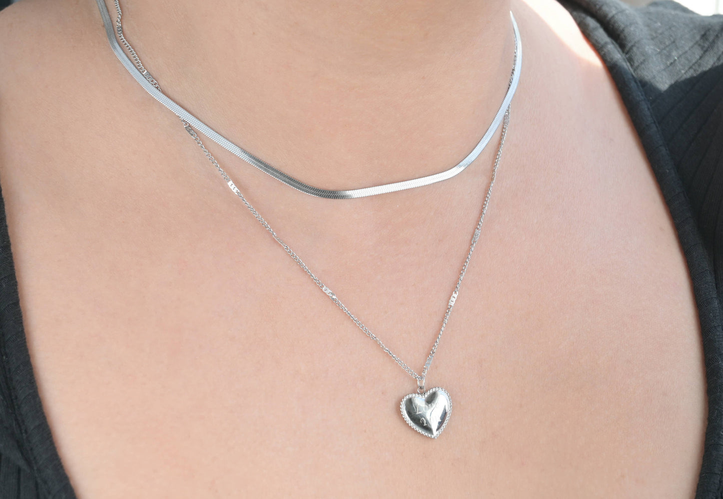 Layered Herringbone Necklace - Heart Sequin Chain Necklace