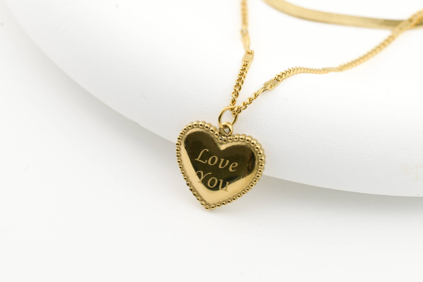 Layered Herringbone Necklace - Heart Sequin Chain Necklace