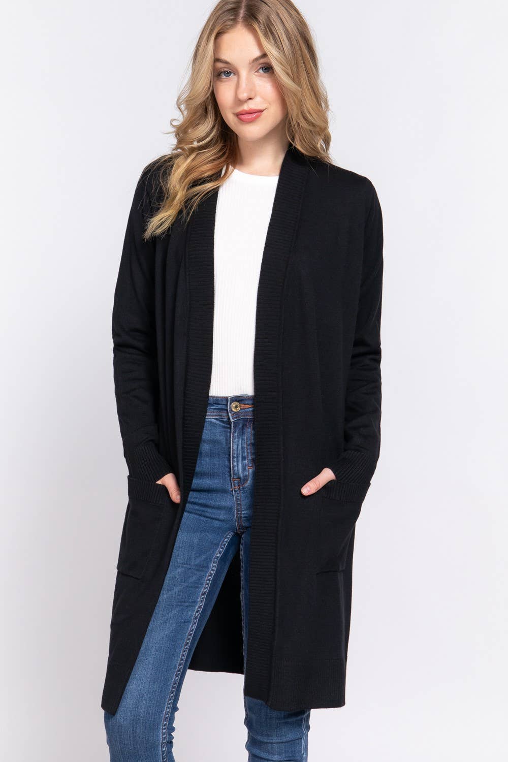 Long Sleeve Rib Banded Open Tunic Sweater Cardigan