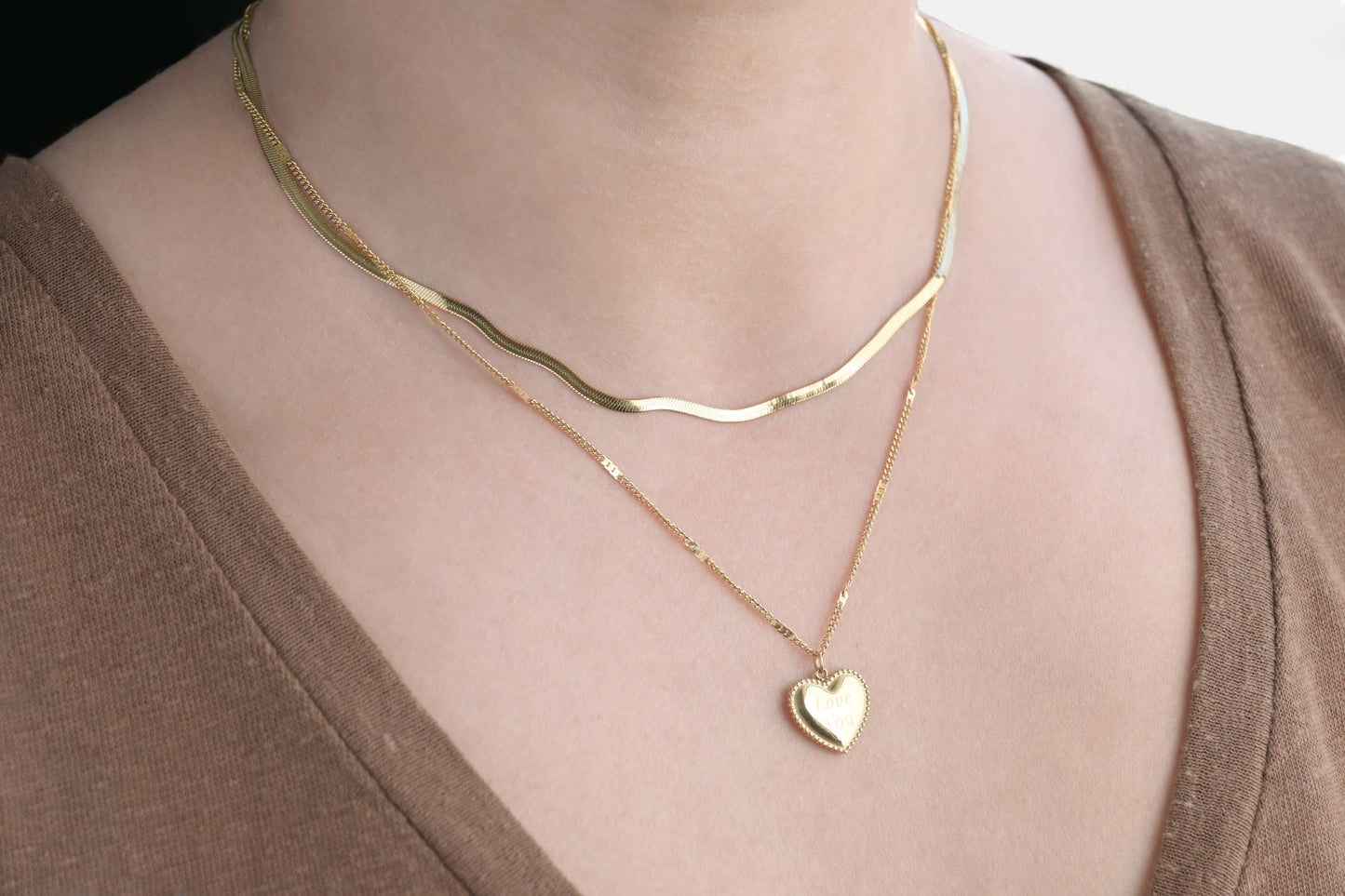 Layered Herringbone Necklace - Heart Sequin Chain Necklace