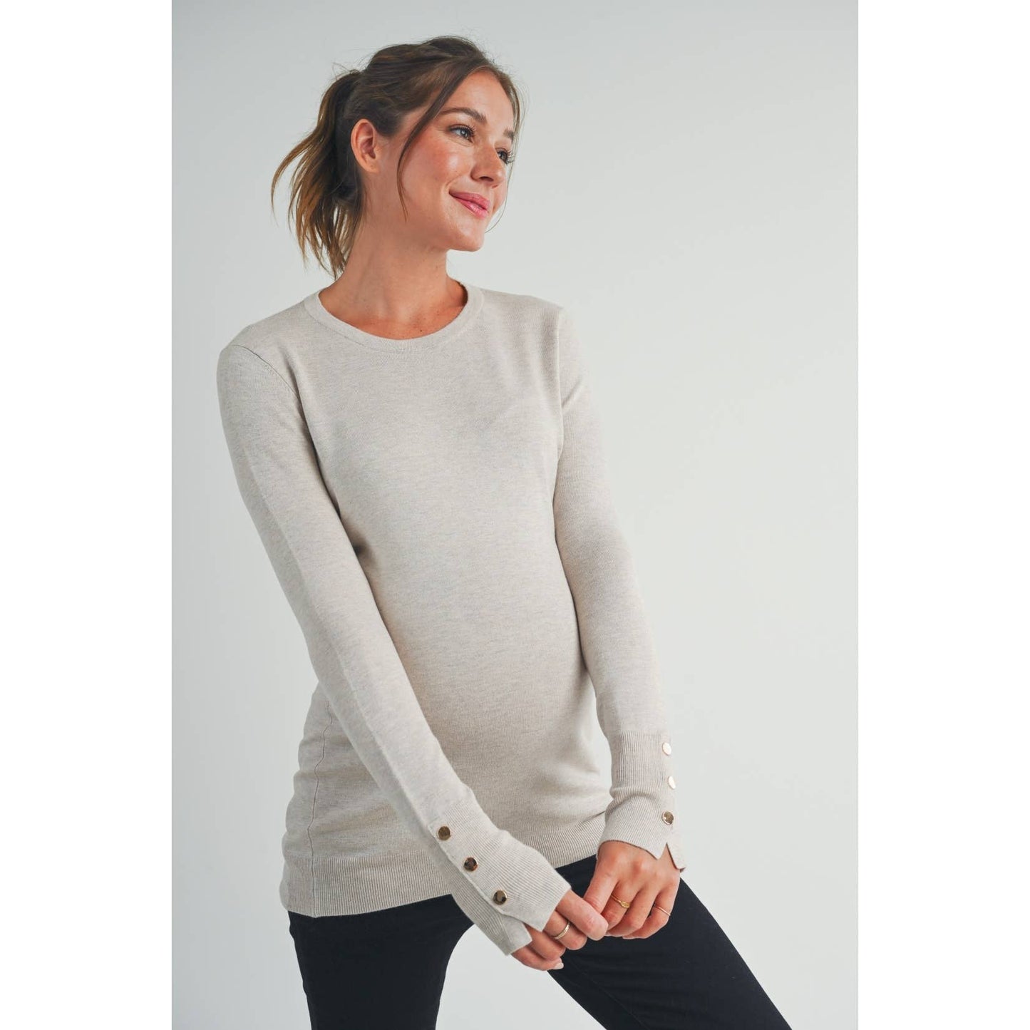 Luxe Crewneck Maternity Button Sleeve Sweater