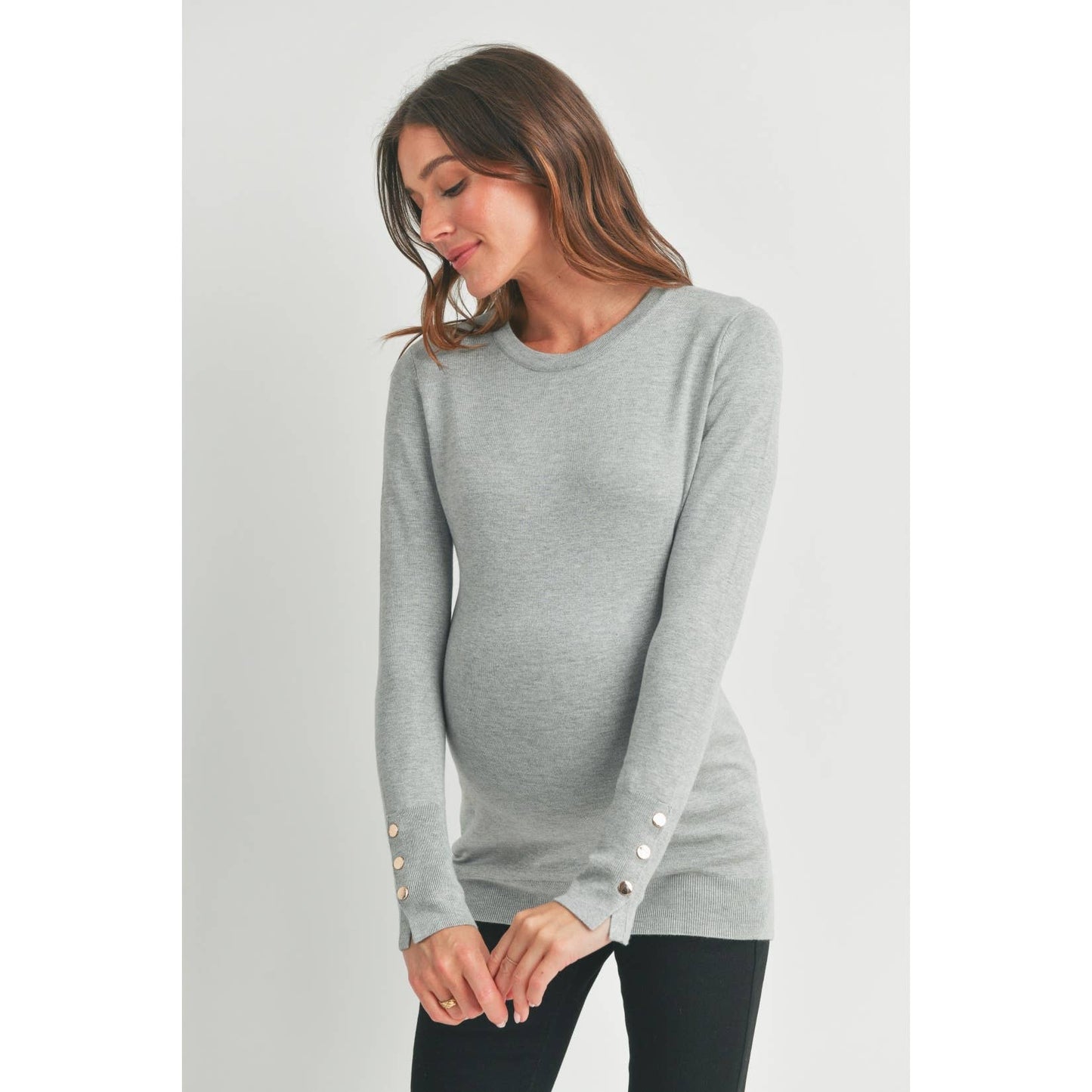 Luxe Crewneck Maternity Button Sleeve Sweater