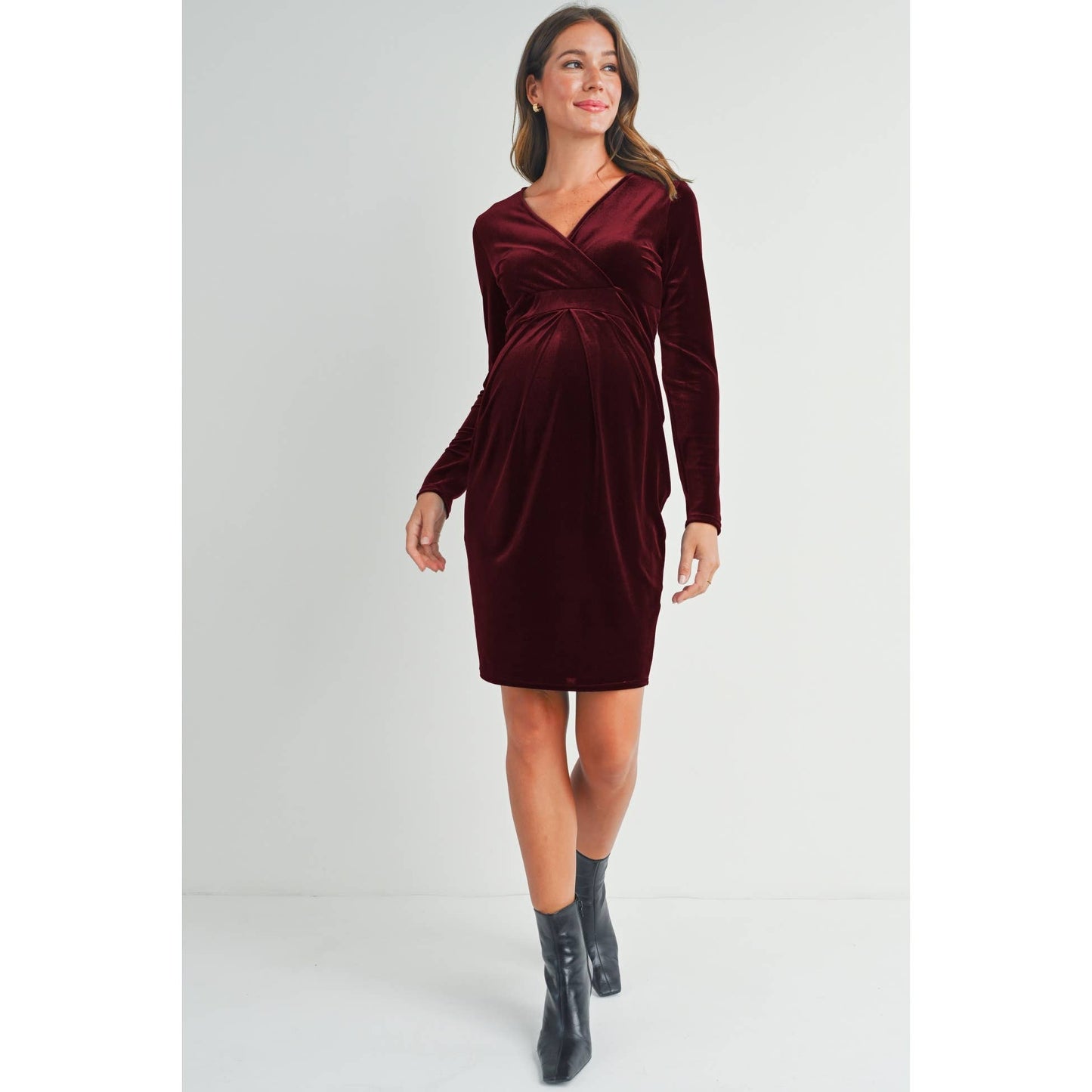 Velvet Surplice Neck Front Pleat Maternity Dress