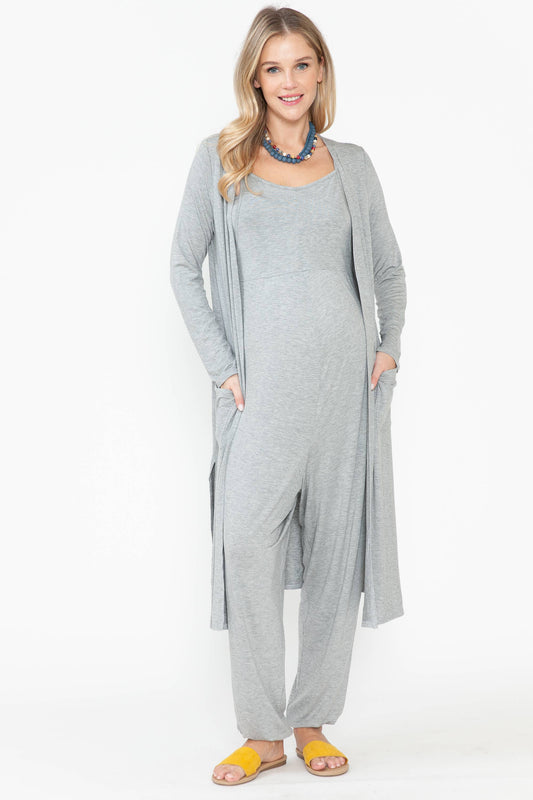 Maternity Jumpsuit & Long Cardigan Set |3 pc | Grey