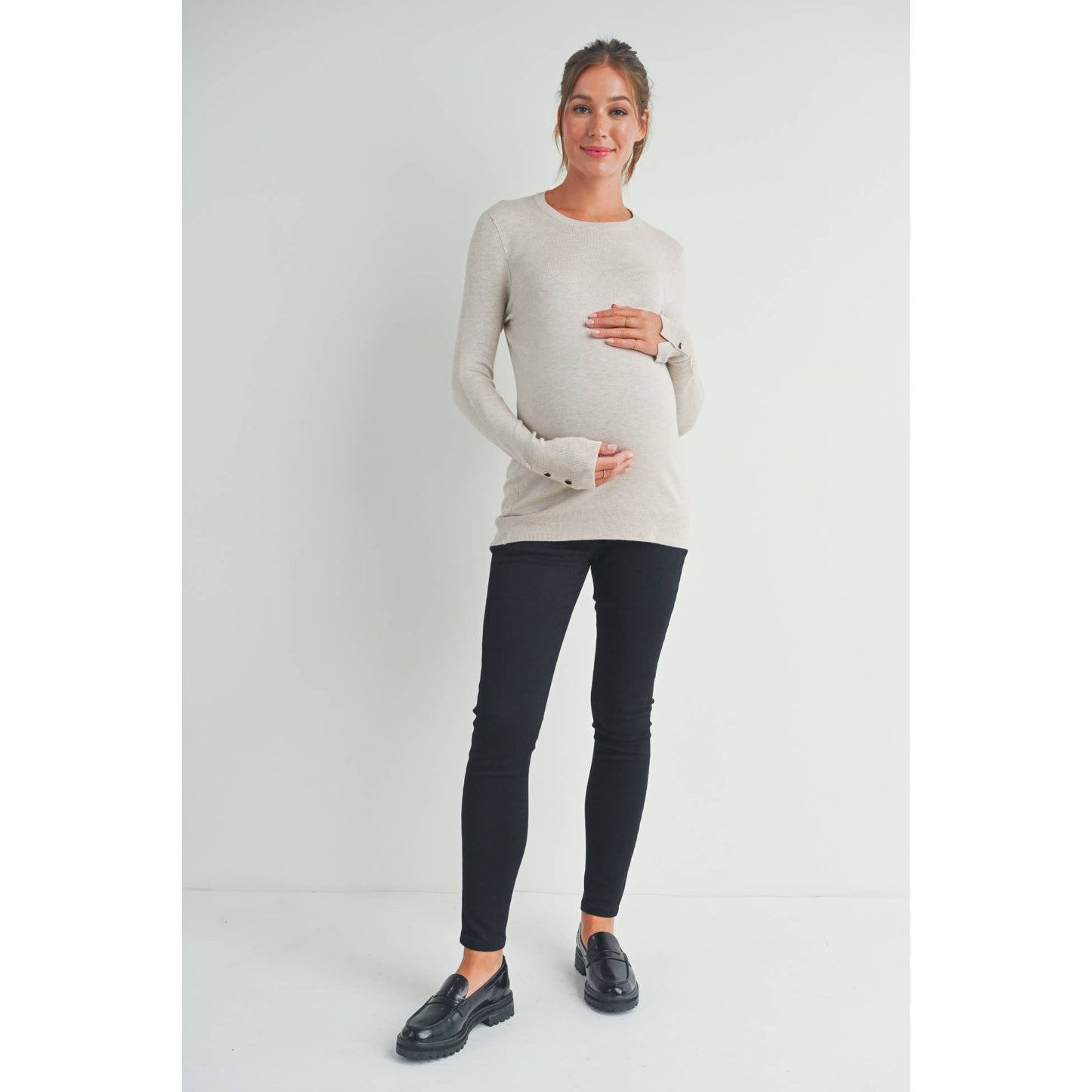 Luxe Crewneck Maternity Button Sleeve Sweater