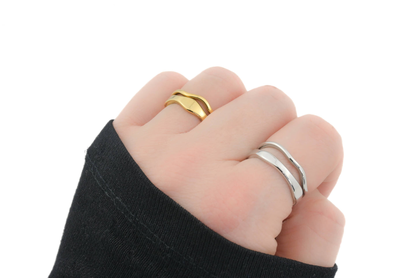 Tarnish-proof Gold Ring Set - 18k Gold Wave Rings