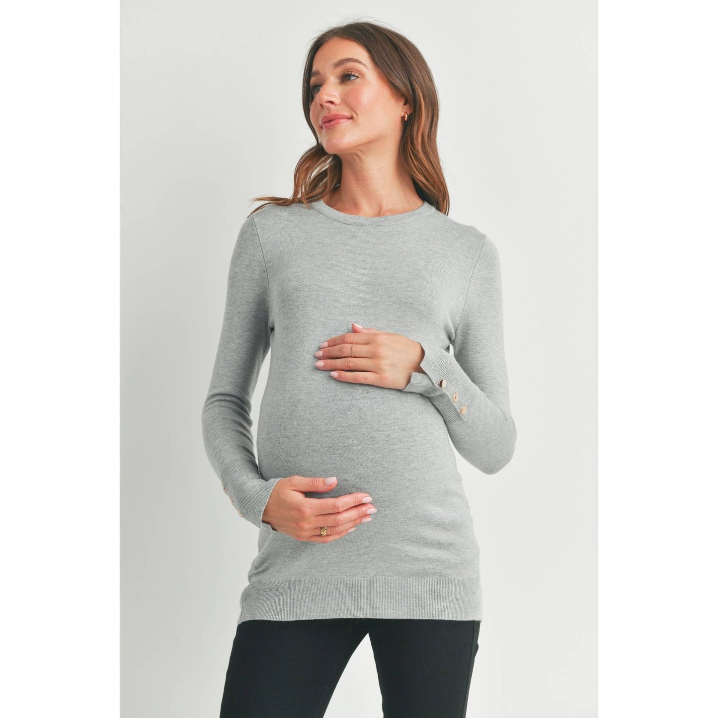 Luxe Crewneck Maternity Button Sleeve Sweater