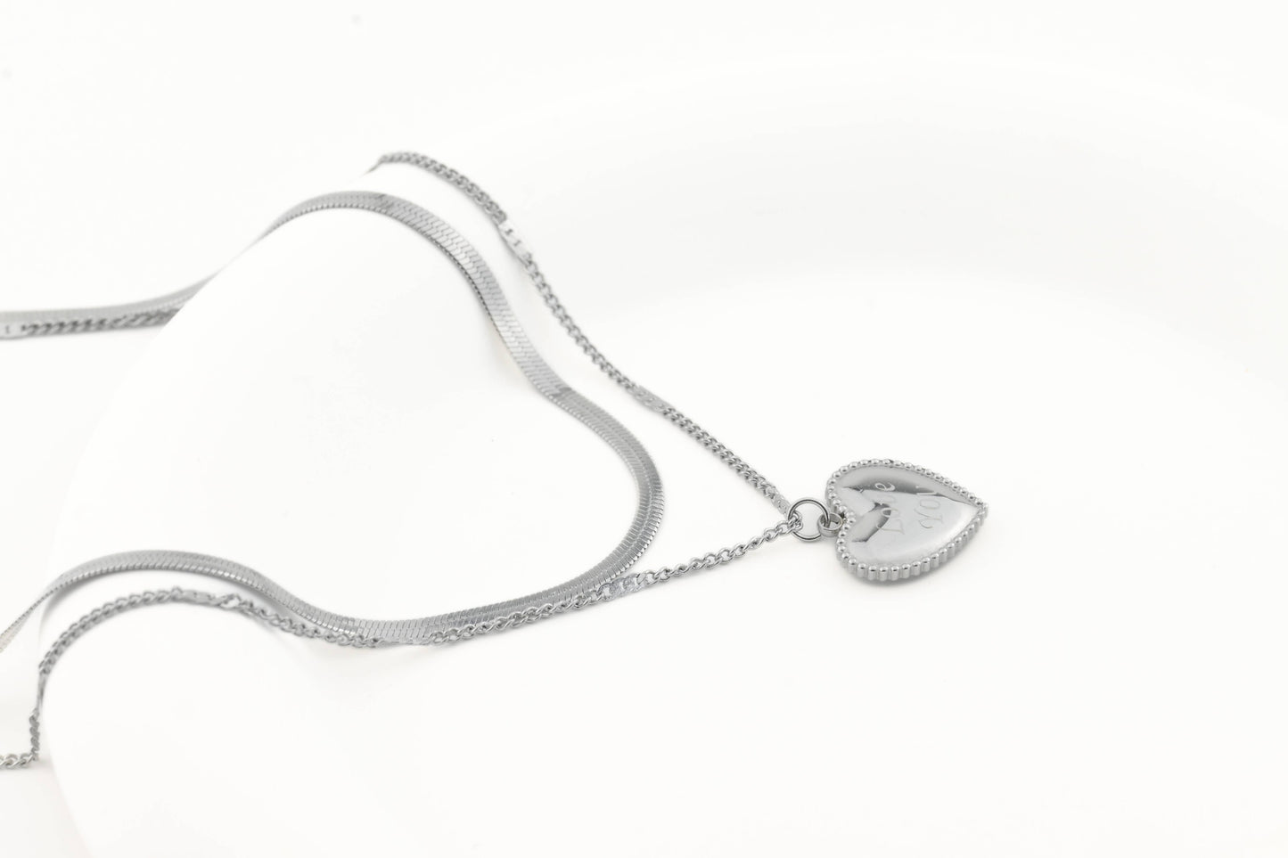 Layered Herringbone Necklace - Heart Sequin Chain Necklace
