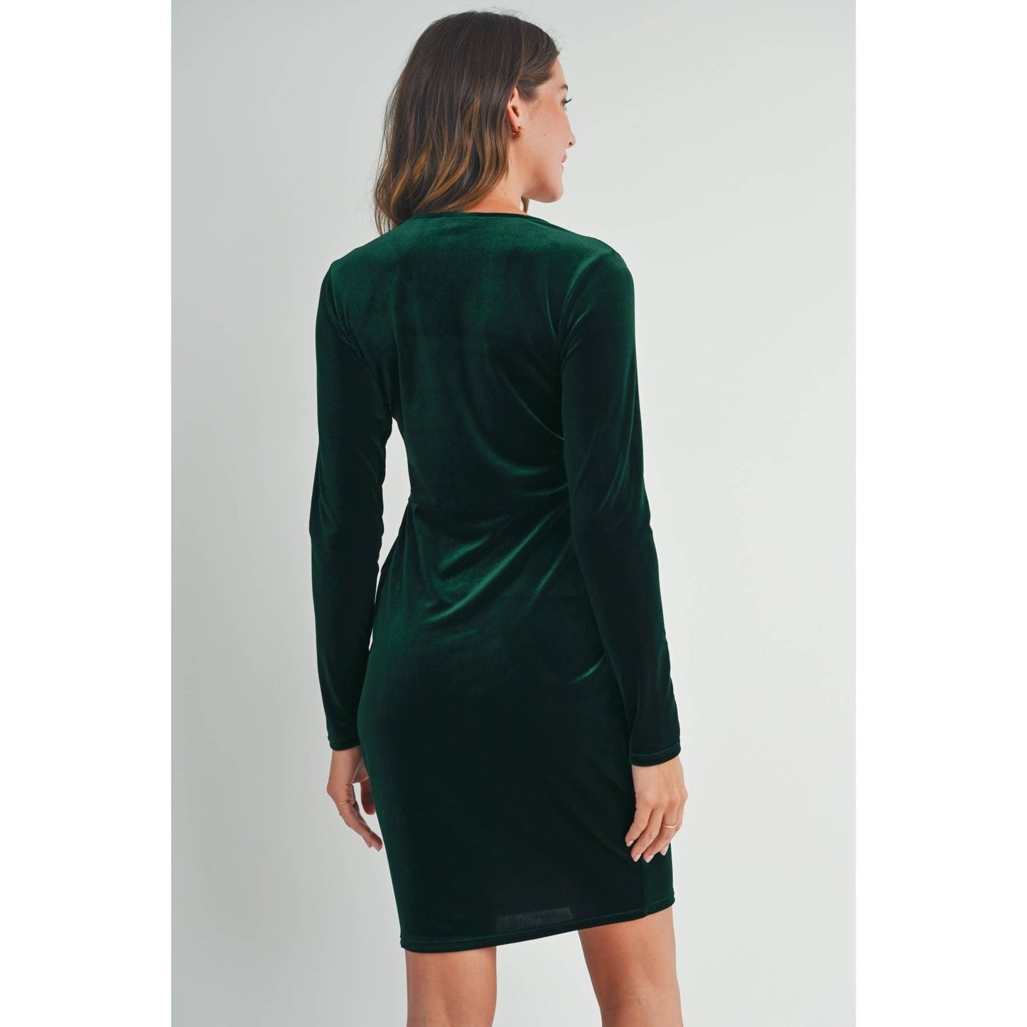 Velvet Surplice Neck Front Pleat Maternity Dress