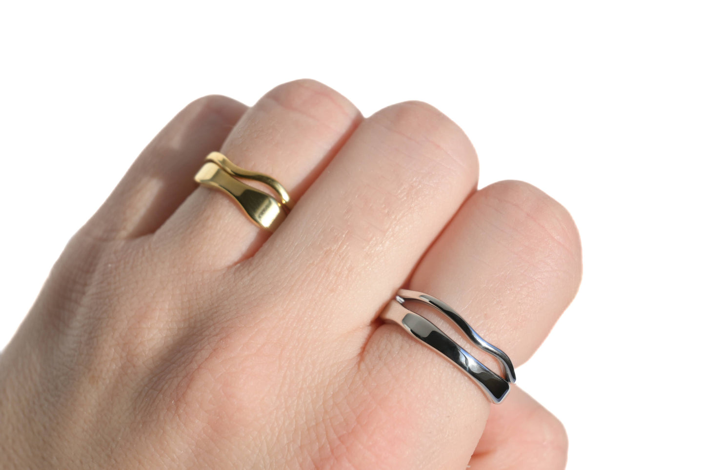 Tarnish-proof Gold Ring Set - 18k Gold Wave Rings