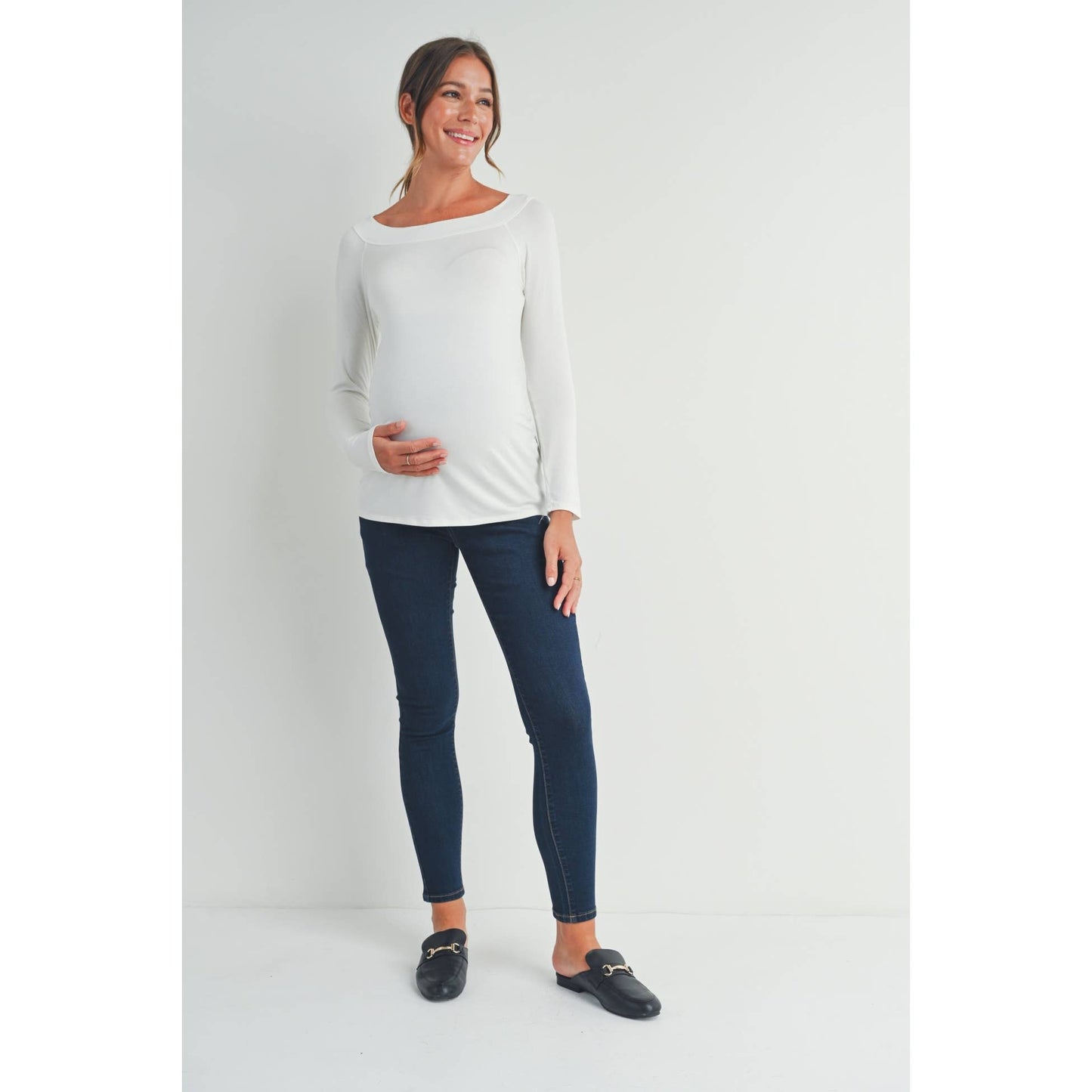 Fitted Boat Neck Ruched Long Sleeve Maternity Top