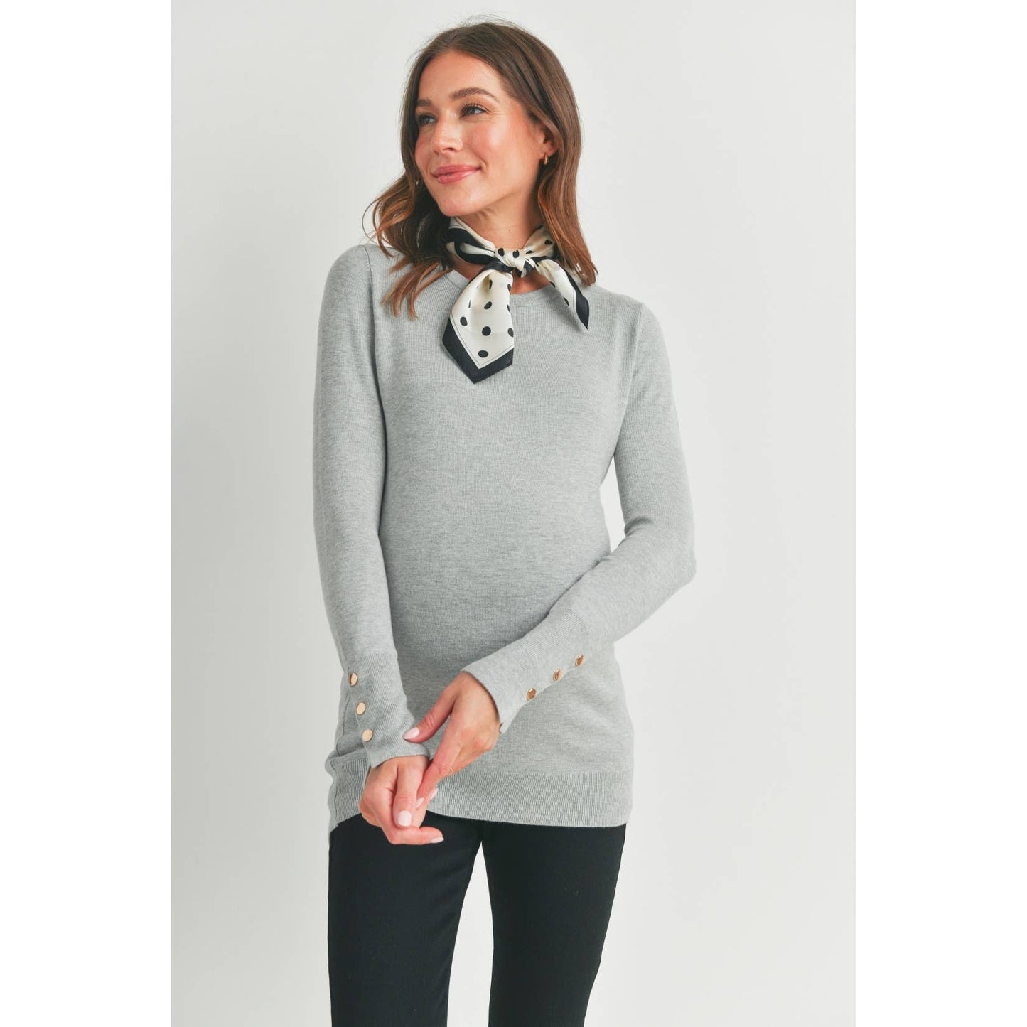 Luxe Crewneck Maternity Button Sleeve Sweater