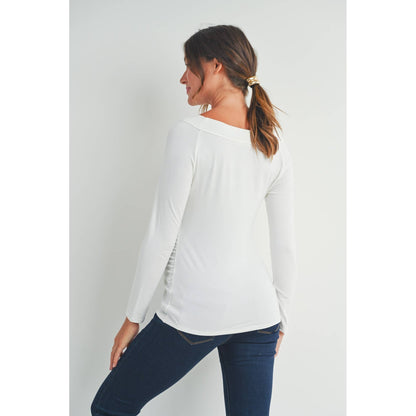 Fitted Boat Neck Ruched Long Sleeve Maternity Top