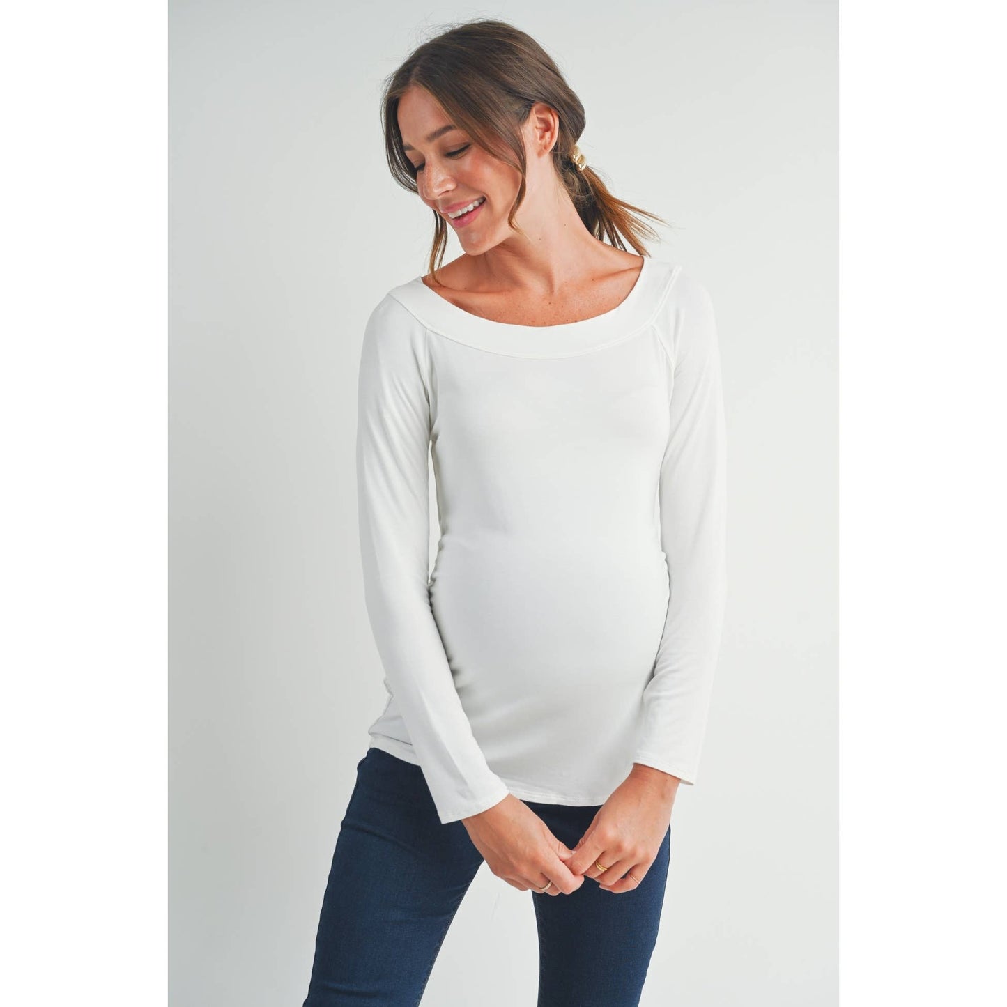 Fitted Boat Neck Ruched Long Sleeve Maternity Top