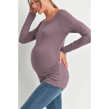 Fitted Boat Neck Ruched Long Sleeve Maternity Top