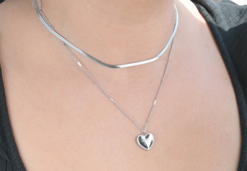 Layered Herringbone Necklace - Heart Sequin Chain Necklace