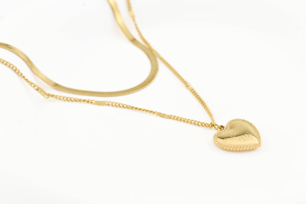 Layered Herringbone Necklace - Heart Sequin Chain Necklace