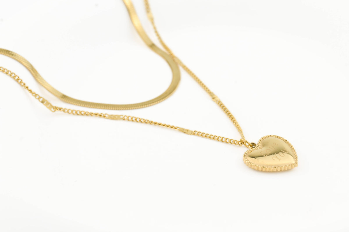 Layered Herringbone Necklace - Heart Sequin Chain Necklace