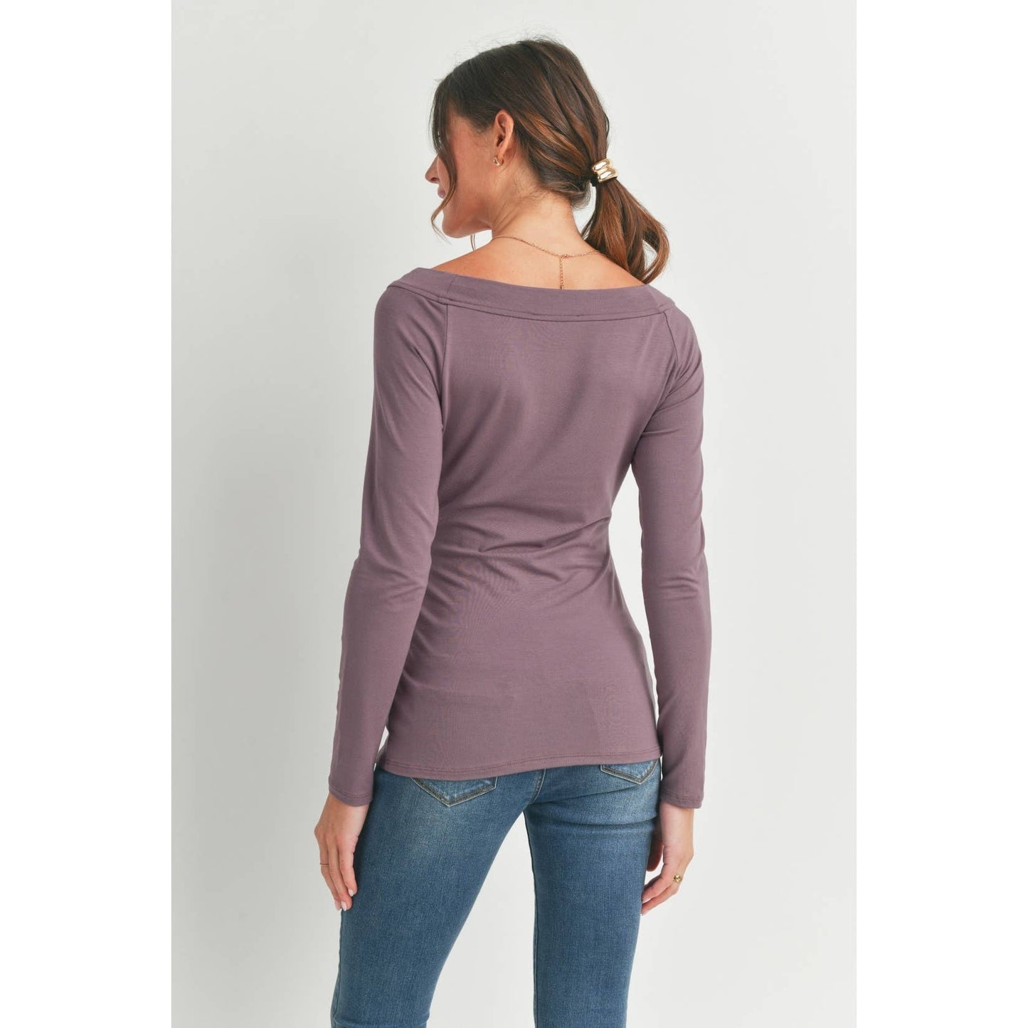 Fitted Boat Neck Ruched Long Sleeve Maternity Top