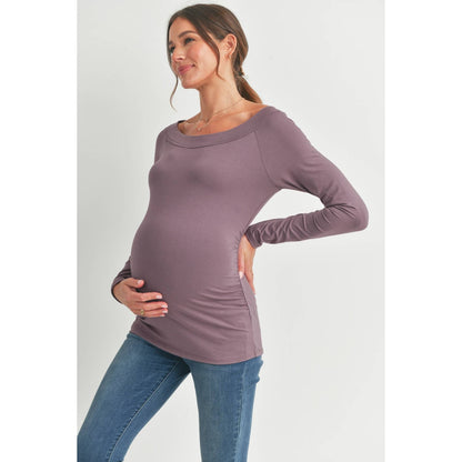 Fitted Boat Neck Ruched Long Sleeve Maternity Top