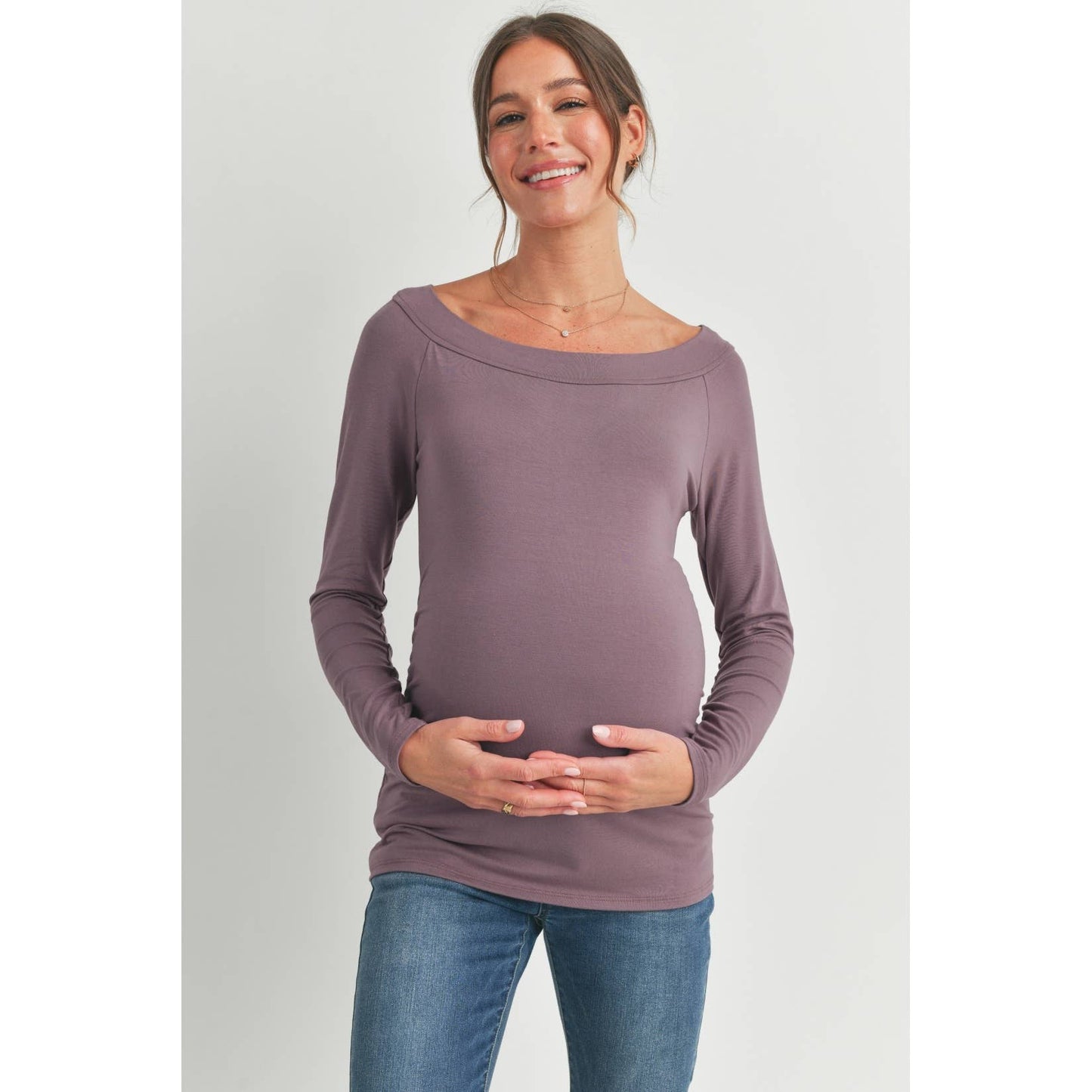 Fitted Boat Neck Ruched Long Sleeve Maternity Top