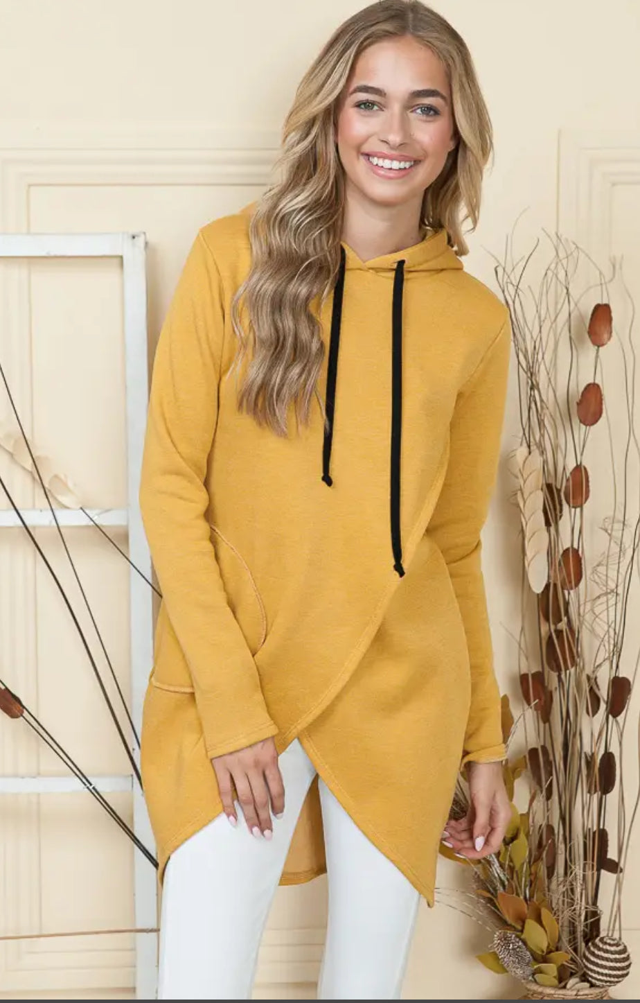 Brush Overlap Hooded Tunic Sweatshirt