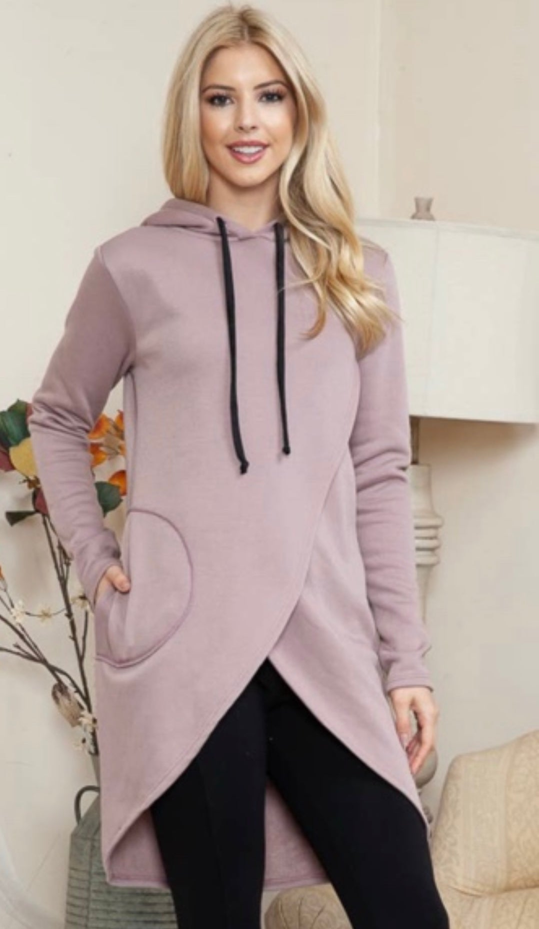 Brush Overlap Hooded Tunic Sweatshirt