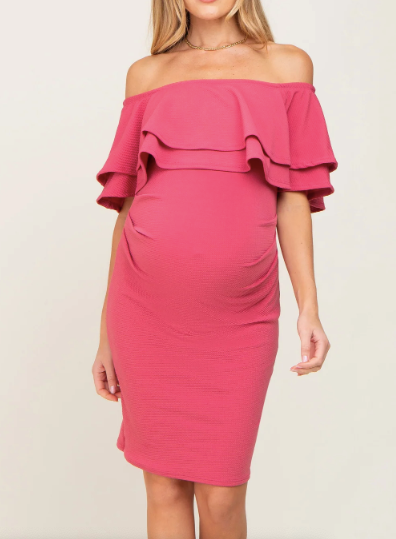 Off Shoulder Double Ruffled Maternity Mini Dress