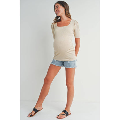 Square Neck Puff Sleeve Maternity Ribbed Top: Oatmeal