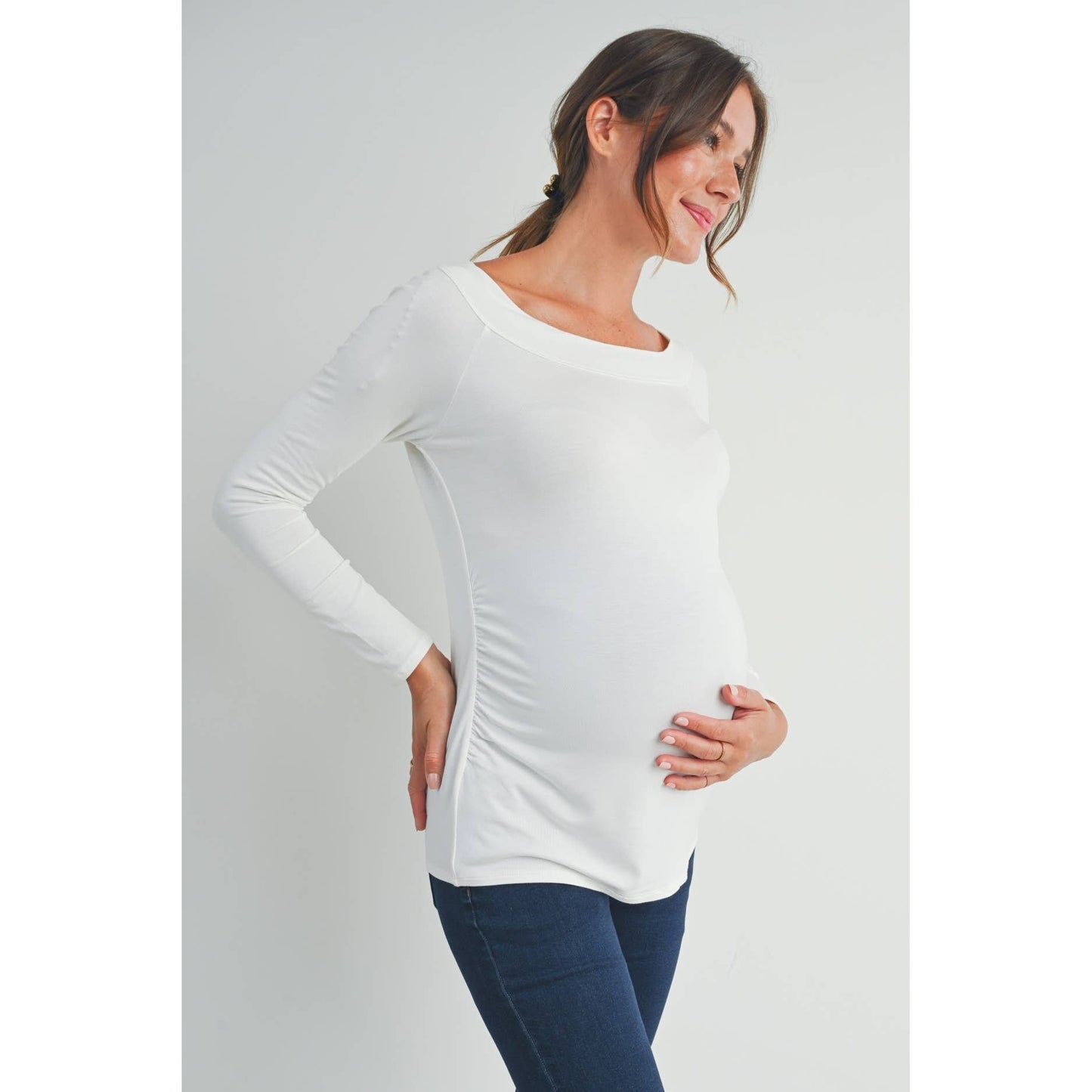 Fitted Boat Neck Ruched Long Sleeve Maternity Top