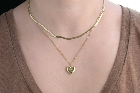 Layered Herringbone Necklace - Heart Sequin Chain Necklace