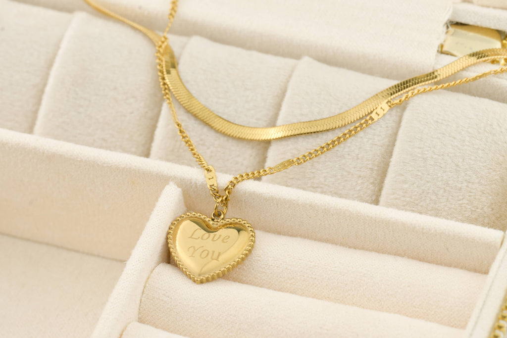 Layered Herringbone Necklace - Heart Sequin Chain Necklace