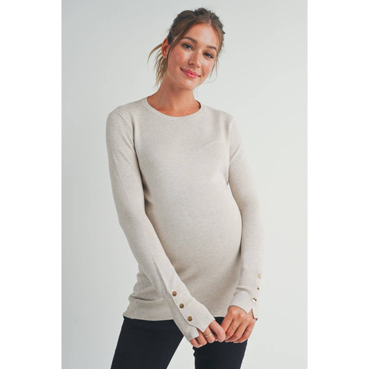 Luxe Crewneck Maternity Button Sleeve Sweater