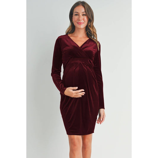 Velvet Surplice Neck Front Pleat Maternity Dress