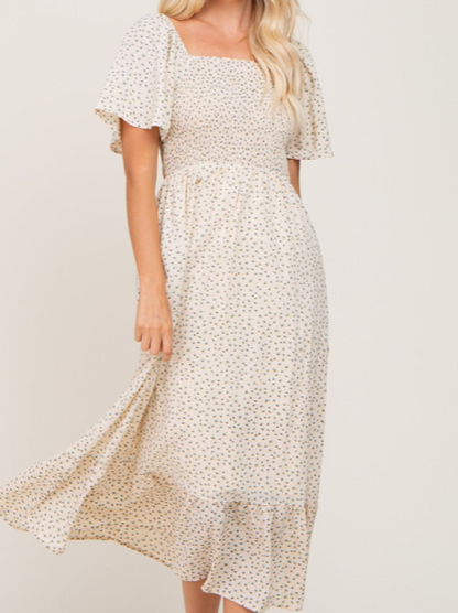 Smocked Square Neck Floral Midi