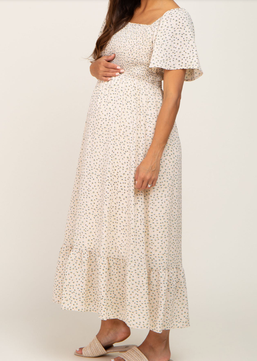 Smocked Square Neck Floral Midi