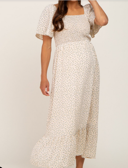 Smocked Square Neck Floral Midi