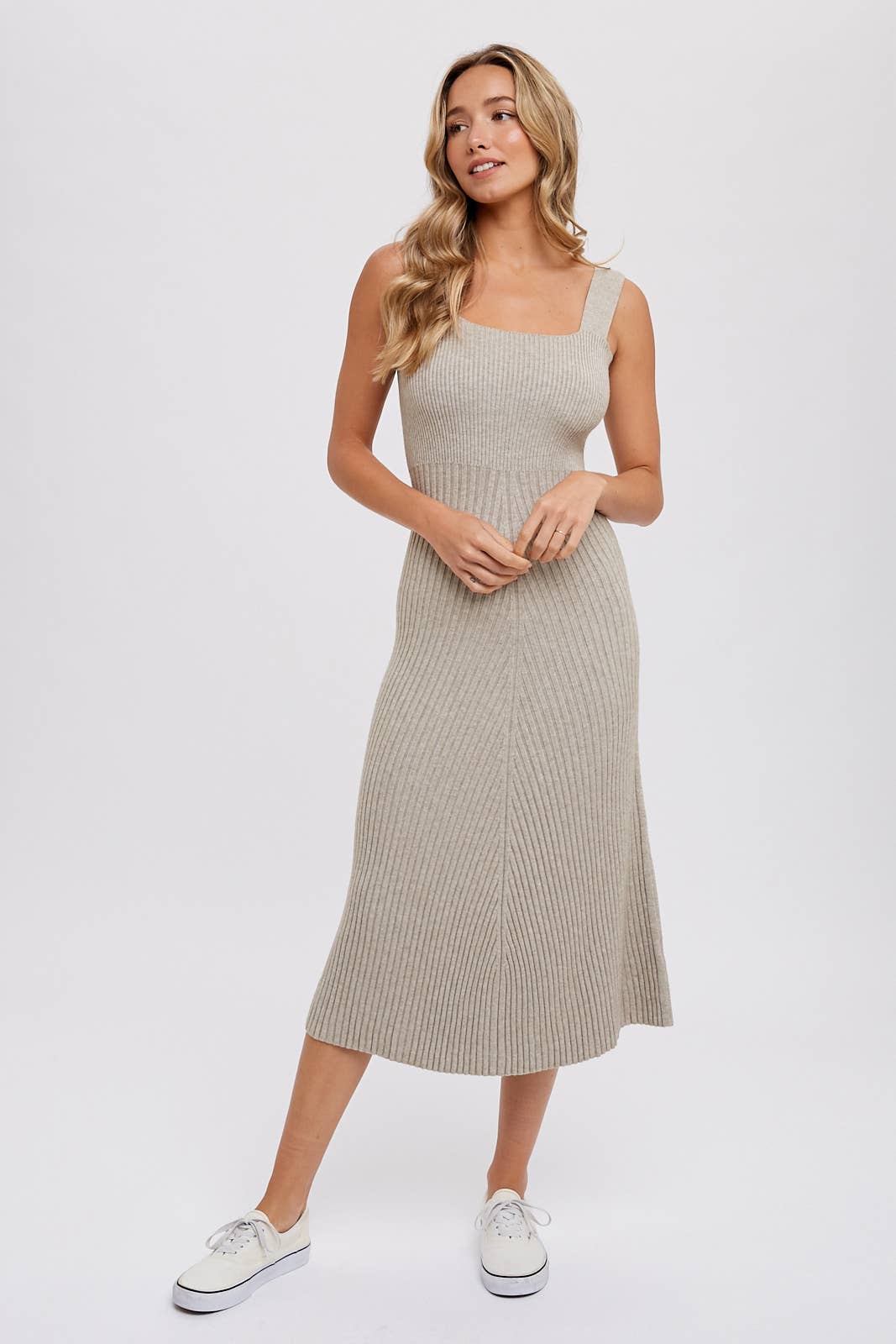 SQUARE NECK SWEATER MIDI DRESS | Sand