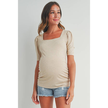 Square Neck Puff Sleeve Maternity Ribbed Top: Oatmeal